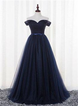 Picture of Pretty Navy Blue Tulle Long Party Dresses, Simple Off Shoulder Blue Bridesmaid Dresses